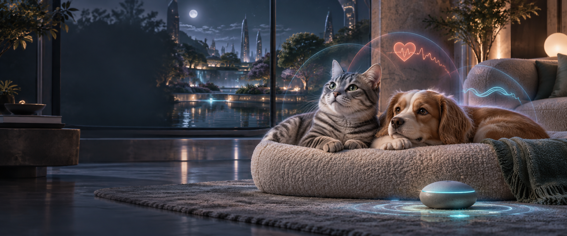 未来客厅中陪伴在一起的原创三维动画猫咪和狗狗